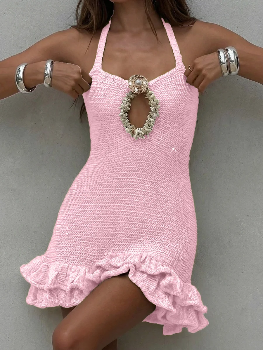 Pink Knit Hollow Out Camisole Dress With Ruffle Hem And Shell Decoration
Pink Knit Hollow Out Camisole Dress With Ruffle Hem And Shell Decoration