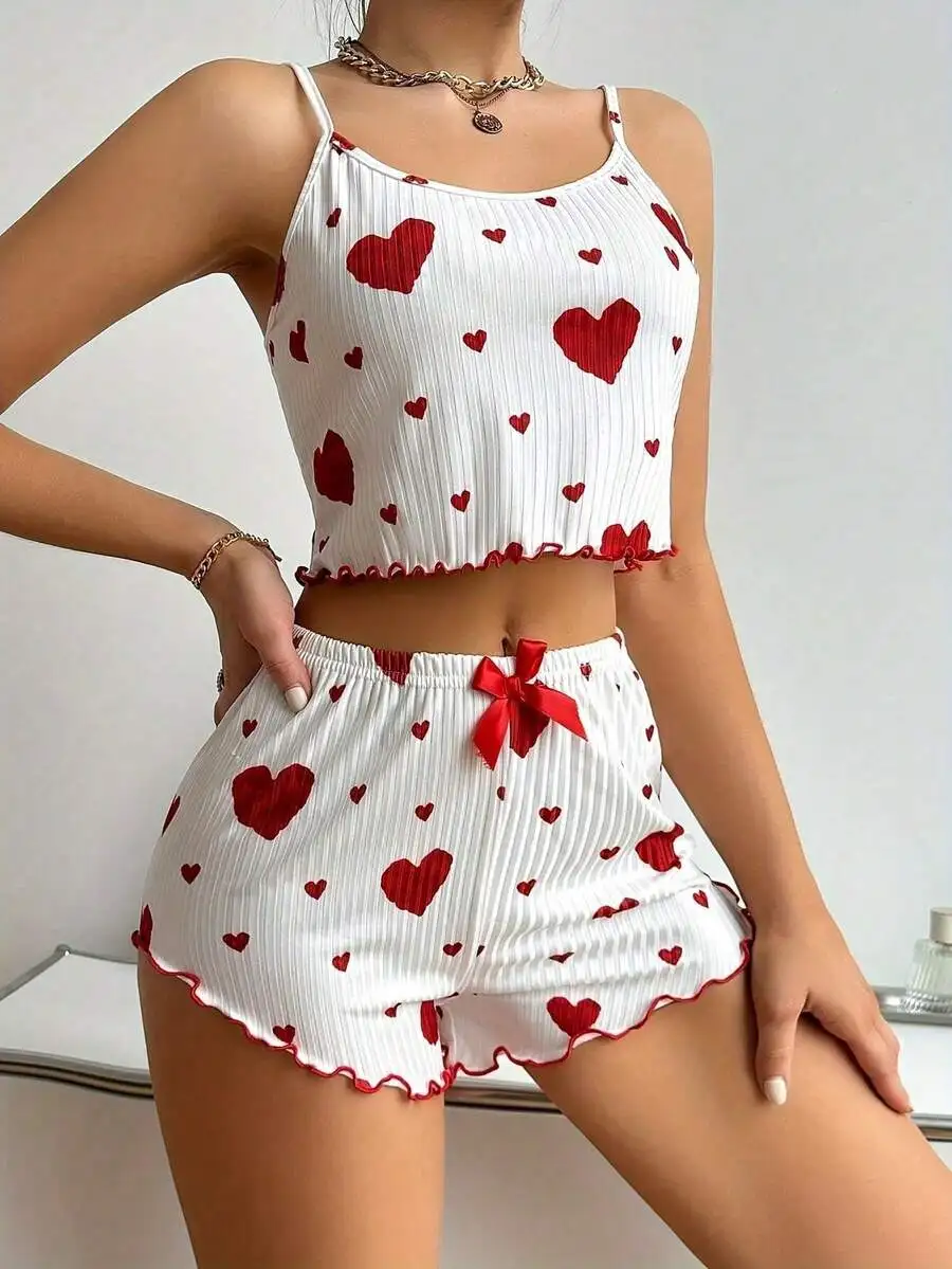 Womens Heart Print Ribbed Halter Top And Shorts Sleepwear Set
Womens Heart Print Ribbed Halter Top And Shorts Sleepwear Set