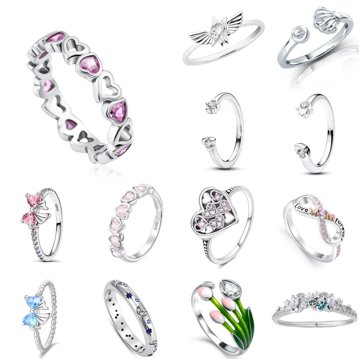 European New 925 Silver Size 6, 7, 8, 9 Pink&Blue Bow Flower Heart Star Clover Ring Fit Wedding Parties Women's Exquisite Luxury
European New 925 Silver Size 6, 7, 8, 9 Pink&Blue Bow Flower Heart Star Clover Ring Fit Wedding Parties Women's Exquisite Luxury