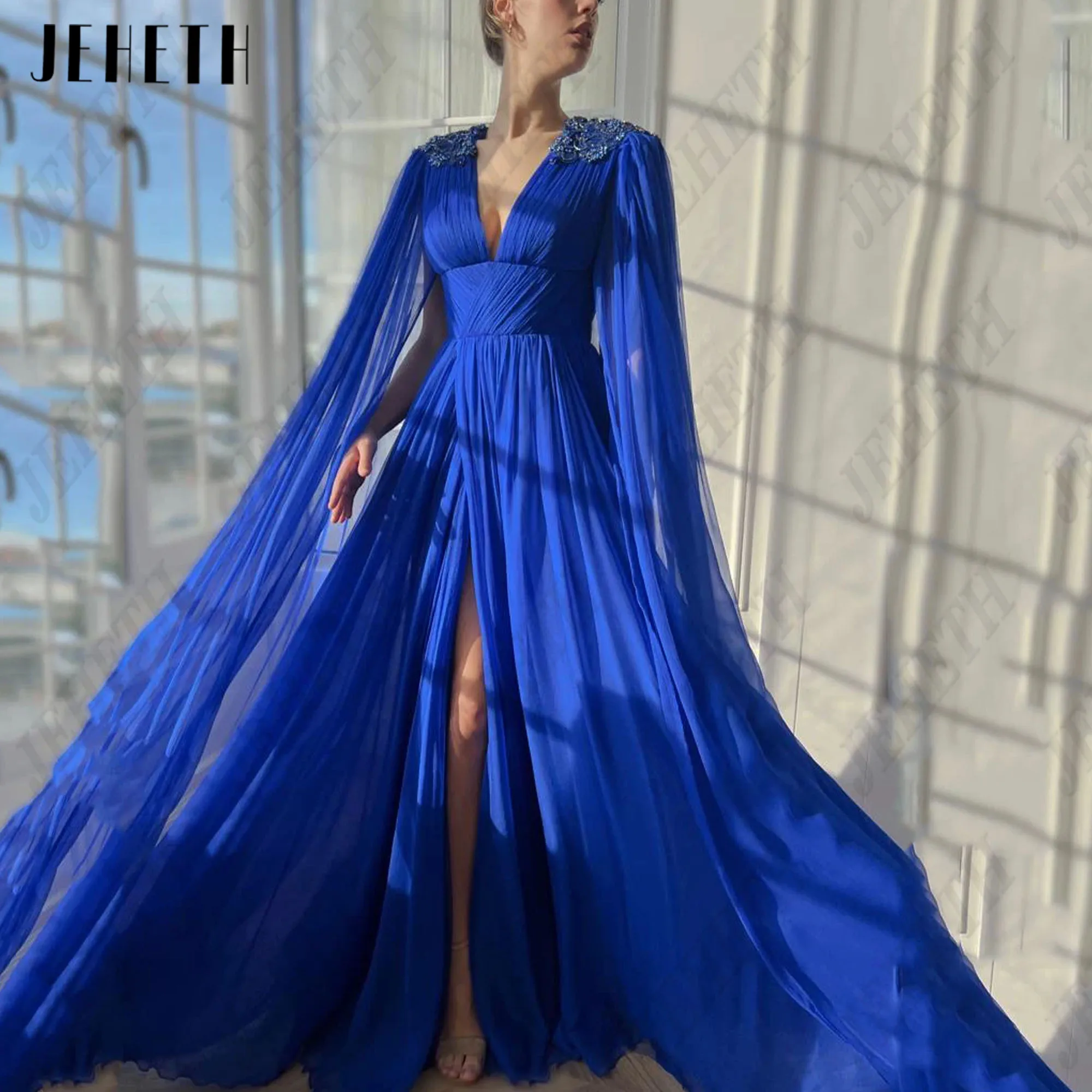 JEHETH Chiffon Backless Prom Gowns With Cape Deep V-Neck A-Line Beading Evening Party Dress Side Split Luxury Vestidos De Gala
JEHETH Chiffon Backless Prom Gowns With Cape Deep V-Neck A-Line Beading Evening Party Dress Side Split Luxury Vestidos De Gala