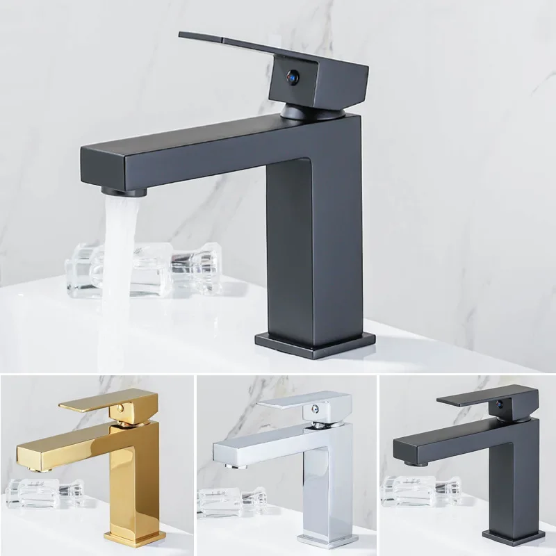 All-copper luxury minimalist square black basin faucet with hot and cold water, under-counter basin with bright gold faucet
All-copper luxury minimalist square black basin faucet with hot and cold water, under-counter basin with bright gold faucet