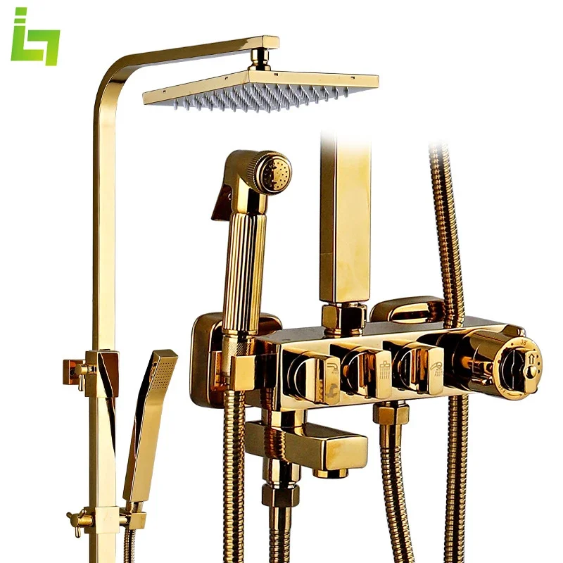Luxury Gold Bathroom Thermostatic Shower Faucet Set All Brass Button Hot and Cold Water Bathtub Mixer Tap High Quality
Luxury Gold Bathroom Thermostatic Shower Faucet Set All Brass Button Hot and Cold Water Bathtub Mixer Tap High Quality