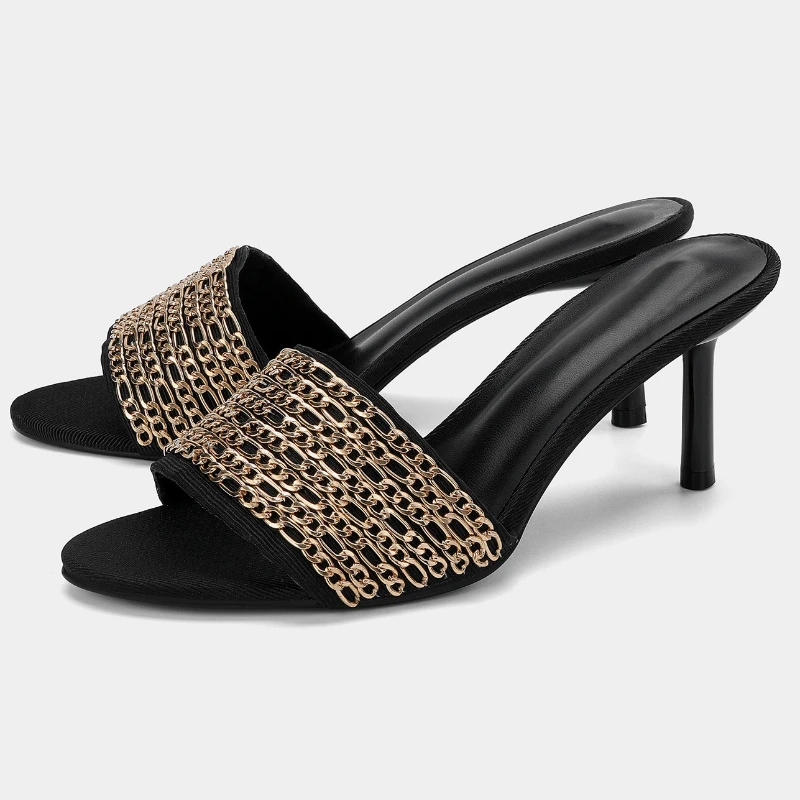 Metal Chain Design Women Heeled Slippers Open Toe Slip on Slides Female Slingback Shoes Black Summer New Fashion Heels Sandals
Metal Chain Design Women Heeled Slippers Open Toe Slip on Slides Female Slingback Shoes Black Summer New Fashion Heels Sandals