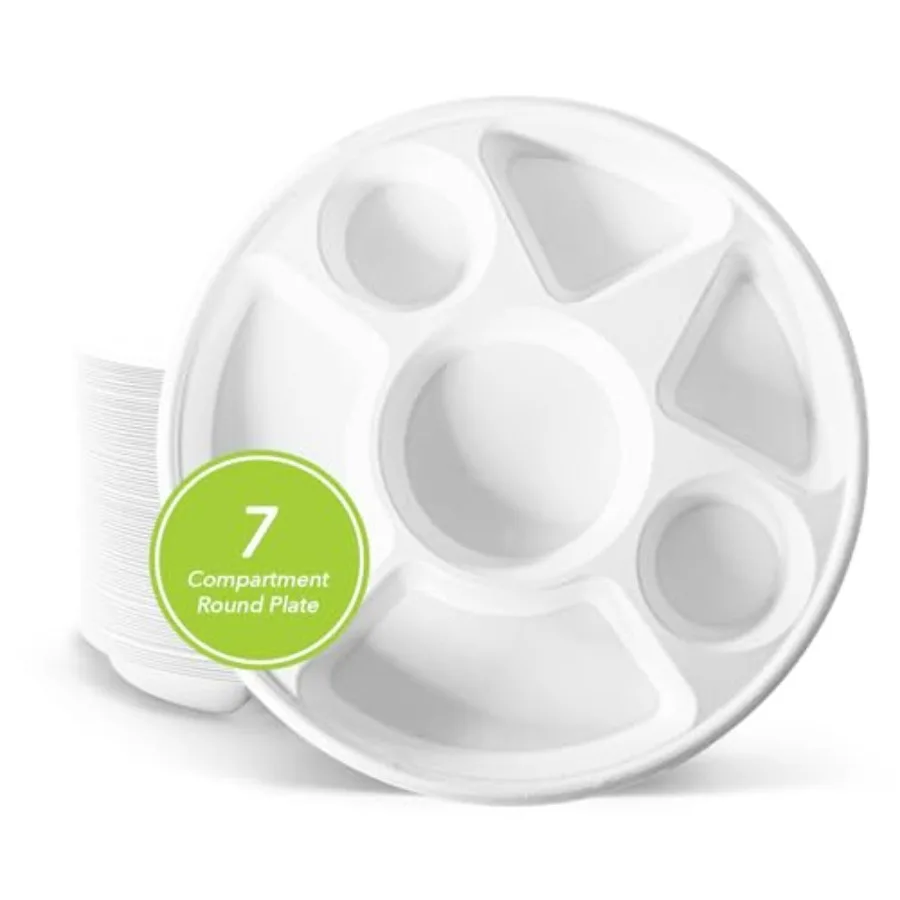 7 COMPARTMENT BAGASSE ROUND PLATE Ct. Heavy-Duty- Super Strong- Natural- Eco-Friendly Disposable Bagasse Plates % Biodegradable
7 COMPARTMENT BAGASSE ROUND PLATE Ct. Heavy-Duty- Super Strong- Natural- Eco-Friendly Disposable Bagasse Plates % Biodegradable