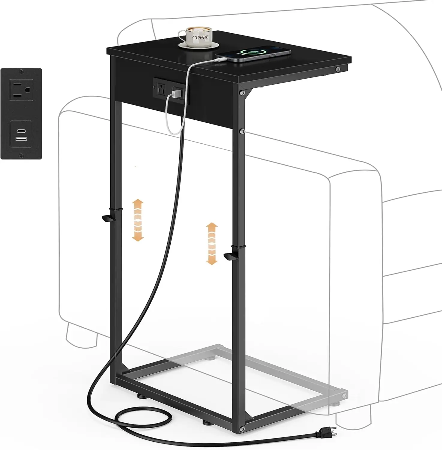 Регулируемый C-образный приставной столик с зарядной станцией, подходит для небольших пространств под диваном, черный
Регулируемый C-образный приставной столик с зарядной станцией, подходит для небольших пространств под диваном, черный