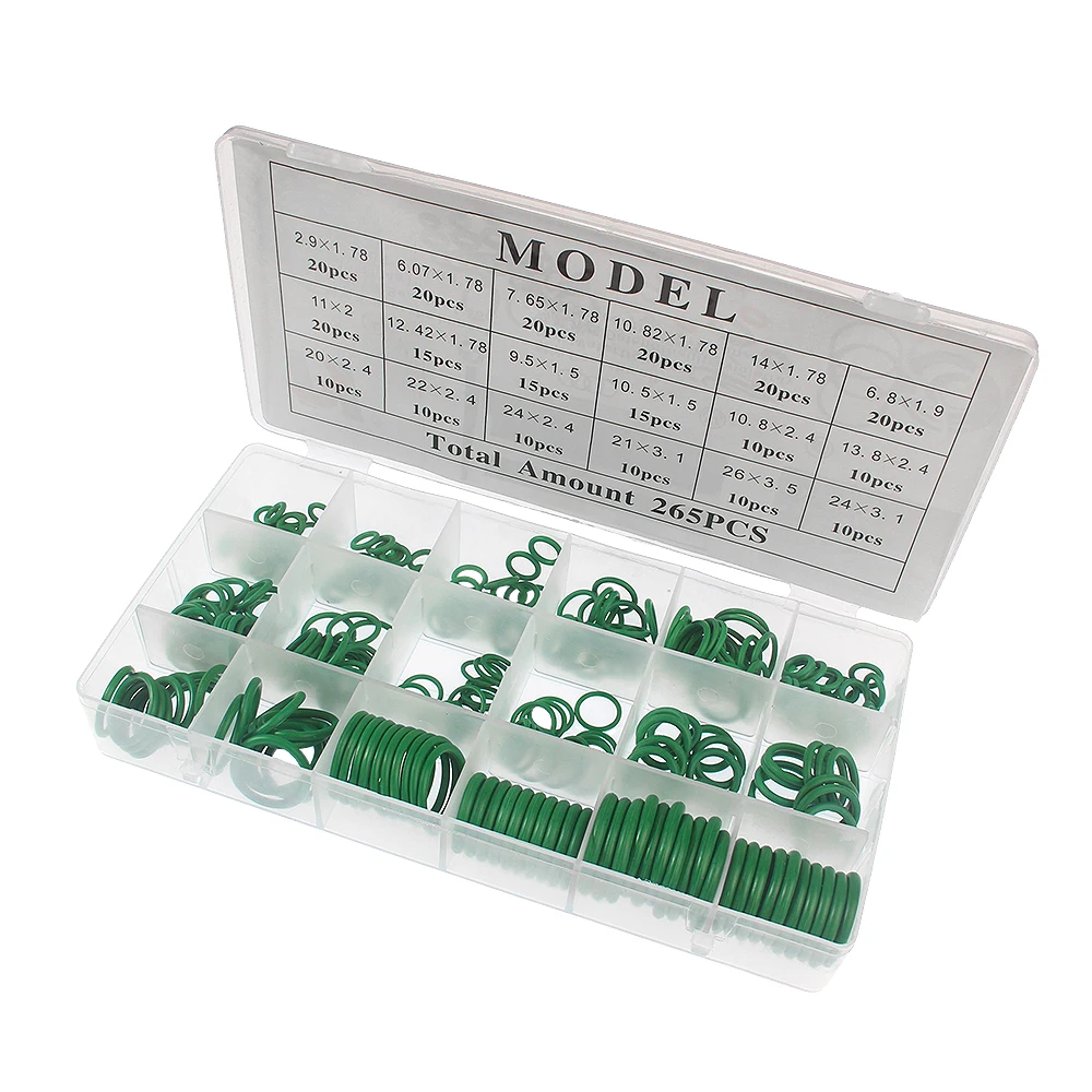265pcs O-Ring Repair Kit, 18 Types of Durable Green Rubber Sealing Rings for Automotive Air Conditioning Compressor Complete Set
265pcs O-Ring Repair Kit, 18 Types of Durable Green Rubber Sealing Rings for Automotive Air Conditioning Compressor Complete Set