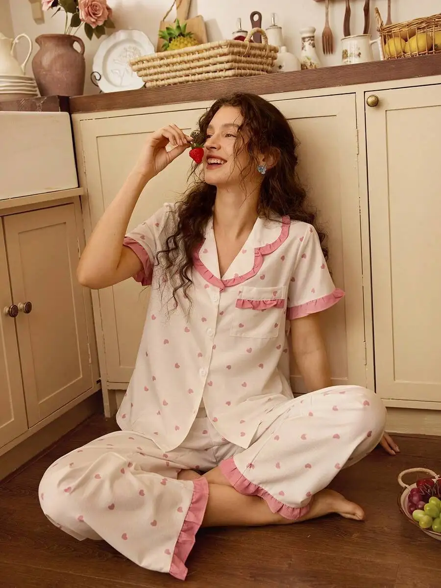 Womens Heart Print Ruffled Pajama Set With Short Sleeve And V-Neck
Womens Heart Print Ruffled Pajama Set With Short Sleeve And V-Neck