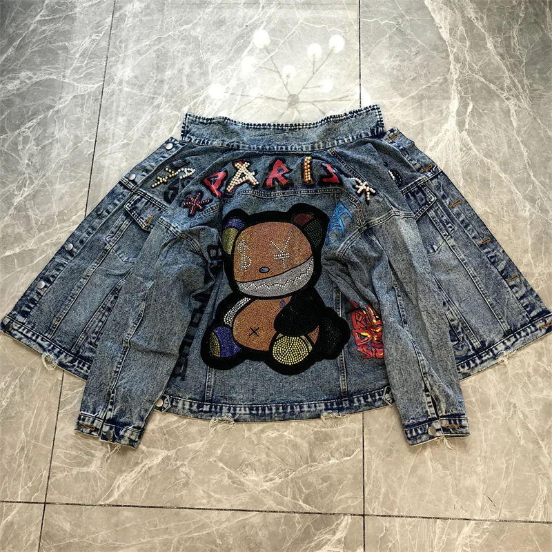 Jeans Jacket Women Streetwear Fashion Beading Cartoon Bear Denim Jacket Pocket Lapel Loose Long Sleeve Print Jeans Coat Female
Jeans Jacket Women Streetwear Fashion Beading Cartoon Bear Denim Jacket Pocket Lapel Loose Long Sleeve Print Jeans Coat Female