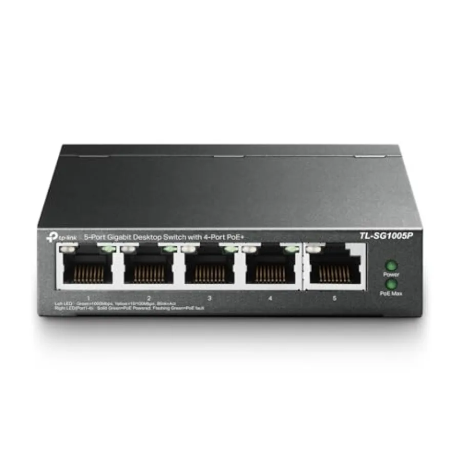 TL-SG1005P, 5 Port Gigabit PoE Switch, 4 PoE+ Ports @65W, Desktop, Plug and Play, Sturdy Metal w/ Shielded Ports, Fanless, QoS
TL-SG1005P, 5 Port Gigabit PoE Switch, 4 PoE+ Ports @65W, Desktop, Plug and Play, Sturdy Metal w/ Shielded Ports, Fanless, QoS