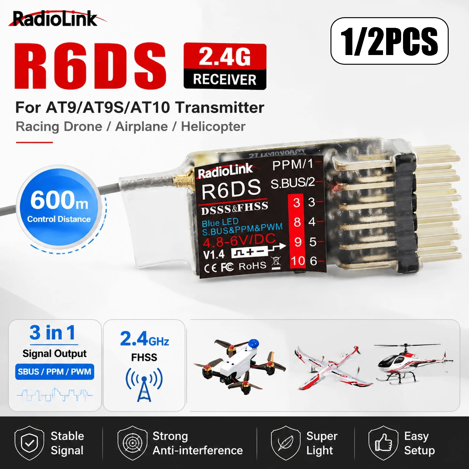 1/2PCS RadioLink R6DS 2.4G 6/10CH RC Receiver SBUS/PWM/PPM for RadioLink AT9 AT9S AT10 Transmitter RC Racing Drone Airplane Part