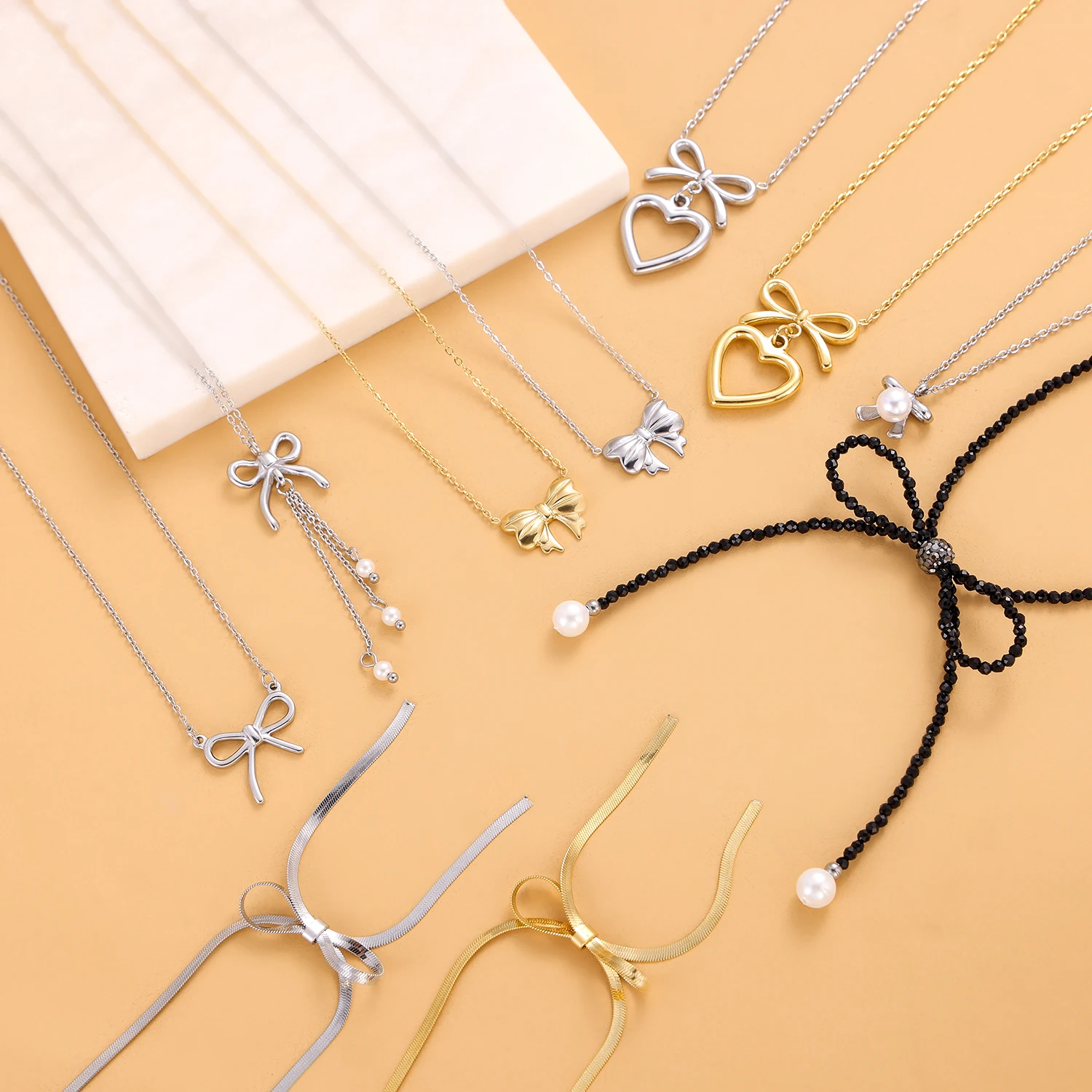 Stainless Steel Gold-Plated Bow Chain Necklace - Heart Bow Jewelry Set for Women's Daily Wear
Stainless Steel Gold-Plated Bow Chain Necklace - Heart Bow Jewelry Set for Women's Daily Wear