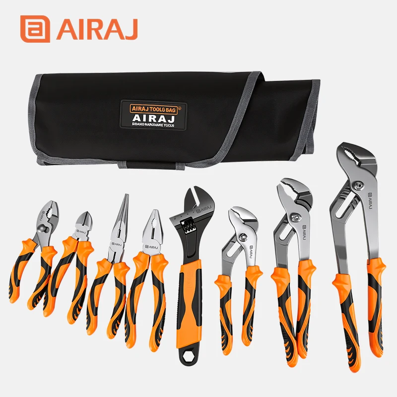 An 8-piece set of pliers includes: 12-inch/10-inch/8-inch vise, 8-inch electrician's pliers, 6-inch socket adjustable wrench, 8-inch pointed jaw pliers, 6-inch bevel shear pliers, and a 10-inch adjustable wrench with tool kit.
An 8-piece set of pliers includes: 12-inch/10-inch/8-inch vise, 8-inch electrician's pliers, 6-inch socket adjustable wrench, 8-inch pointed jaw pliers, 6-inch bevel shear pliers, and a 10-inch adjustable wrench with tool kit.