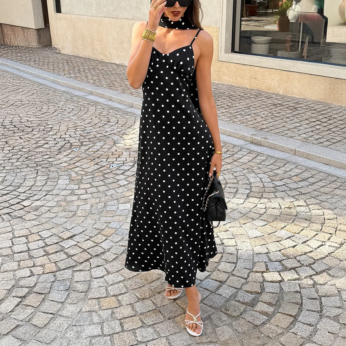 Women's 2026 Spring/summer French Polka Dot Halter Neck Strap Long Dress Set Summer Long Dress Midi Elegant Luxury
Women's 2026 Spring/summer French Polka Dot Halter Neck Strap Long Dress Set Summer Long Dress Midi Elegant Luxury