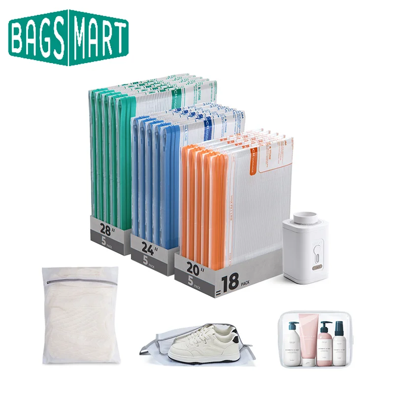 BAGSMART 18 PCS Travel Vacuum Bags with Electric Pump Vacuum Seal Bags for Clothing Travel Organization Space Saver Bags
BAGSMART 18 PCS Travel Vacuum Bags with Electric Pump Vacuum Seal Bags for Clothing Travel Organization Space Saver Bags