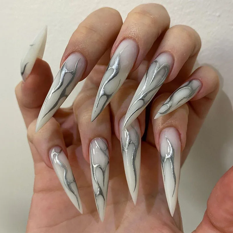 24Pcs Long pointed Halloween False Nails White Irregular Flame Stripes Nail Art Fake Nail Stickers For Women and Girls
24Pcs Long pointed Halloween False Nails White Irregular Flame Stripes Nail Art Fake Nail Stickers For Women and Girls