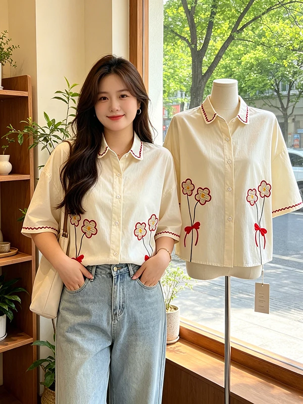 Summer 2026 New Large Size Embroidered Floral Bowtie Color Block Loose Belly Cover Short Sleeve Shirt Korean Style Women's Bu...
Summer 2026 New Large Size Embroidered Floral Bowtie Color Block Loose Belly Cover Short Sleeve Shirt Korean Style Women's Bu...