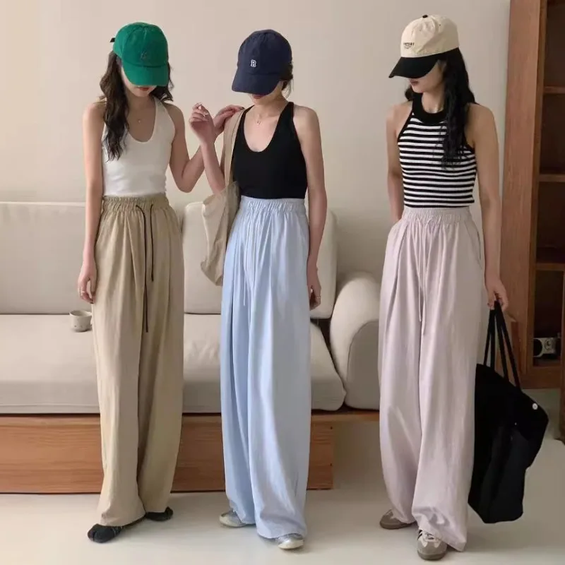 Korean Fashion Casual Spring Summer Cooling Pants Drawstring Elastic High-waisted Solid Color Wide Leg Long Pants for Women Girl
Korean Fashion Casual Spring Summer Cooling Pants Drawstring Elastic High-waisted Solid Color Wide Leg Long Pants for Women Girl