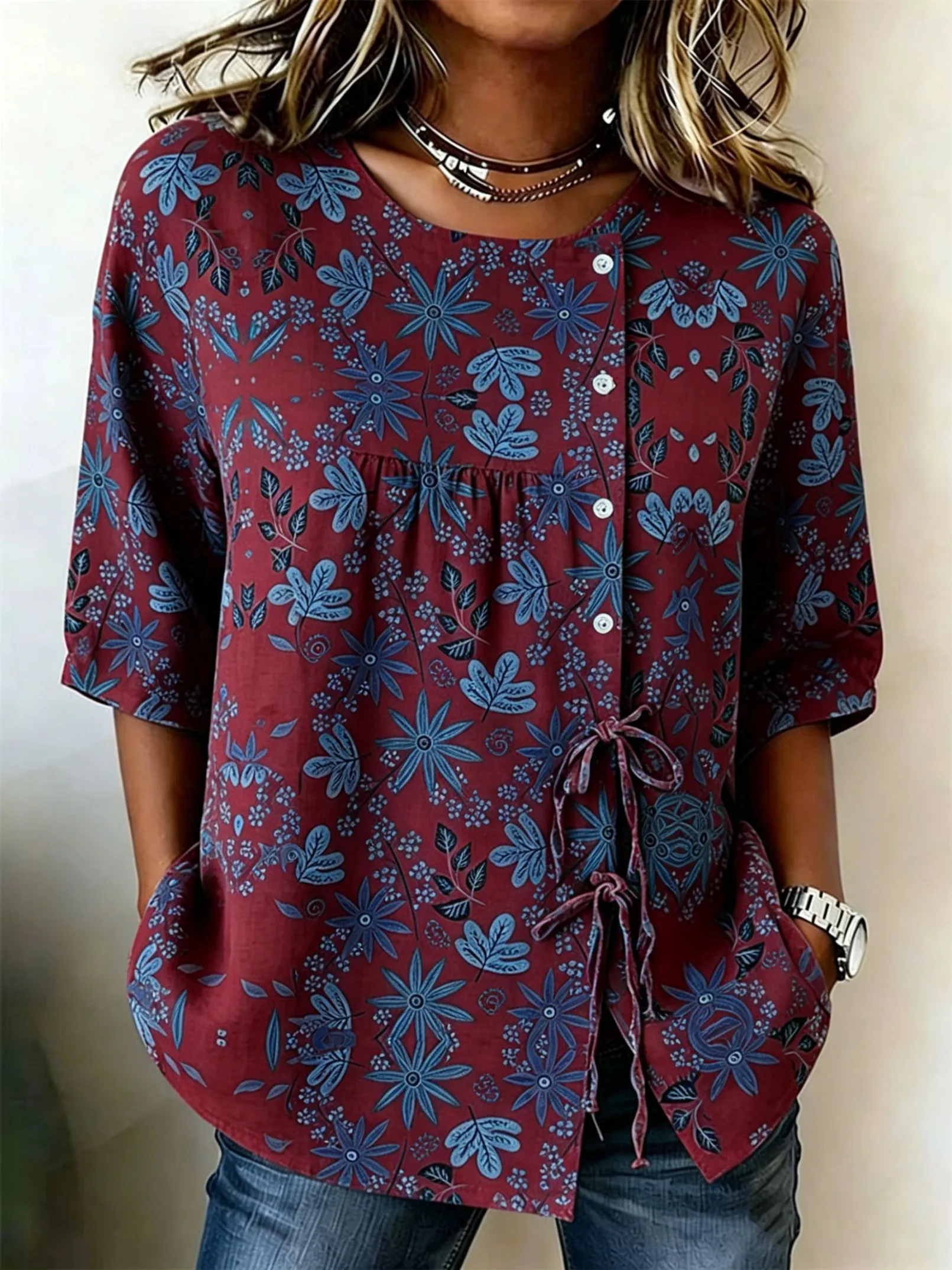 Women's Spring Summer Drawstring Blouse, Wine Red Blue Floral Print Casual Tops for Daily Street Holiday Dating & Leisure Outfit
Women's Spring Summer Drawstring Blouse, Wine Red Blue Floral Print Casual Tops for Daily Street Holiday Dating & Leisure Outfit