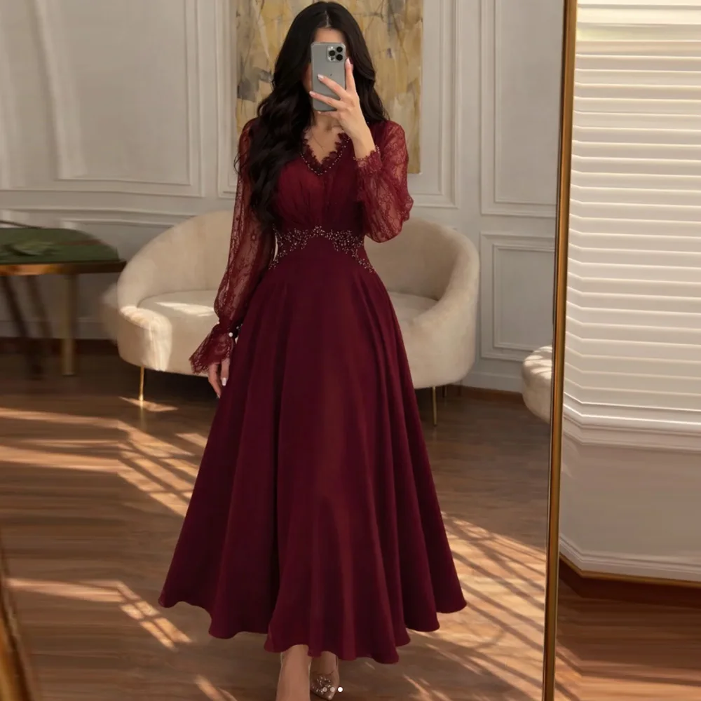 Burgundy Lace Prom Dresses Long Sleeve Modest Midi Dress with Beaded Waist Formal Gown Women Party Wedding Dress Customized
Burgundy Lace Prom Dresses Long Sleeve Modest Midi Dress with Beaded Waist Formal Gown Women Party Wedding Dress Customized