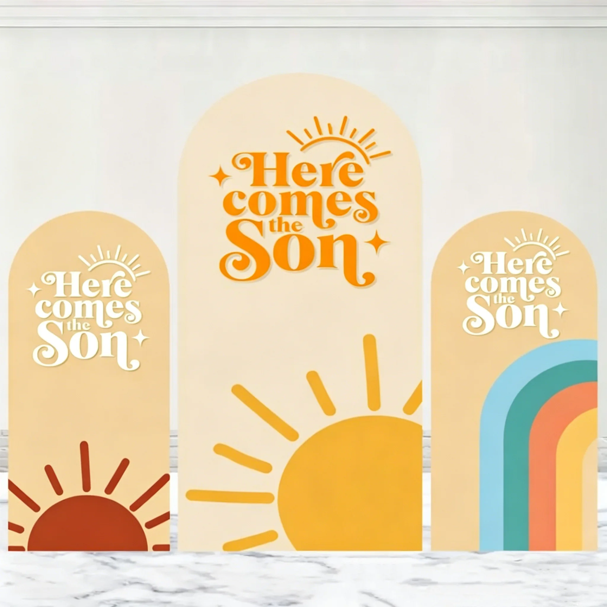 Custom 2-sided Here Comes The Son Backdrop Retro Sun and Rainbow Baby Shower Happy Birthday Party Chiara Arch Background Cover
Custom 2-sided Here Comes The Son Backdrop Retro Sun and Rainbow Baby Shower Happy Birthday Party Chiara Arch Background Cover