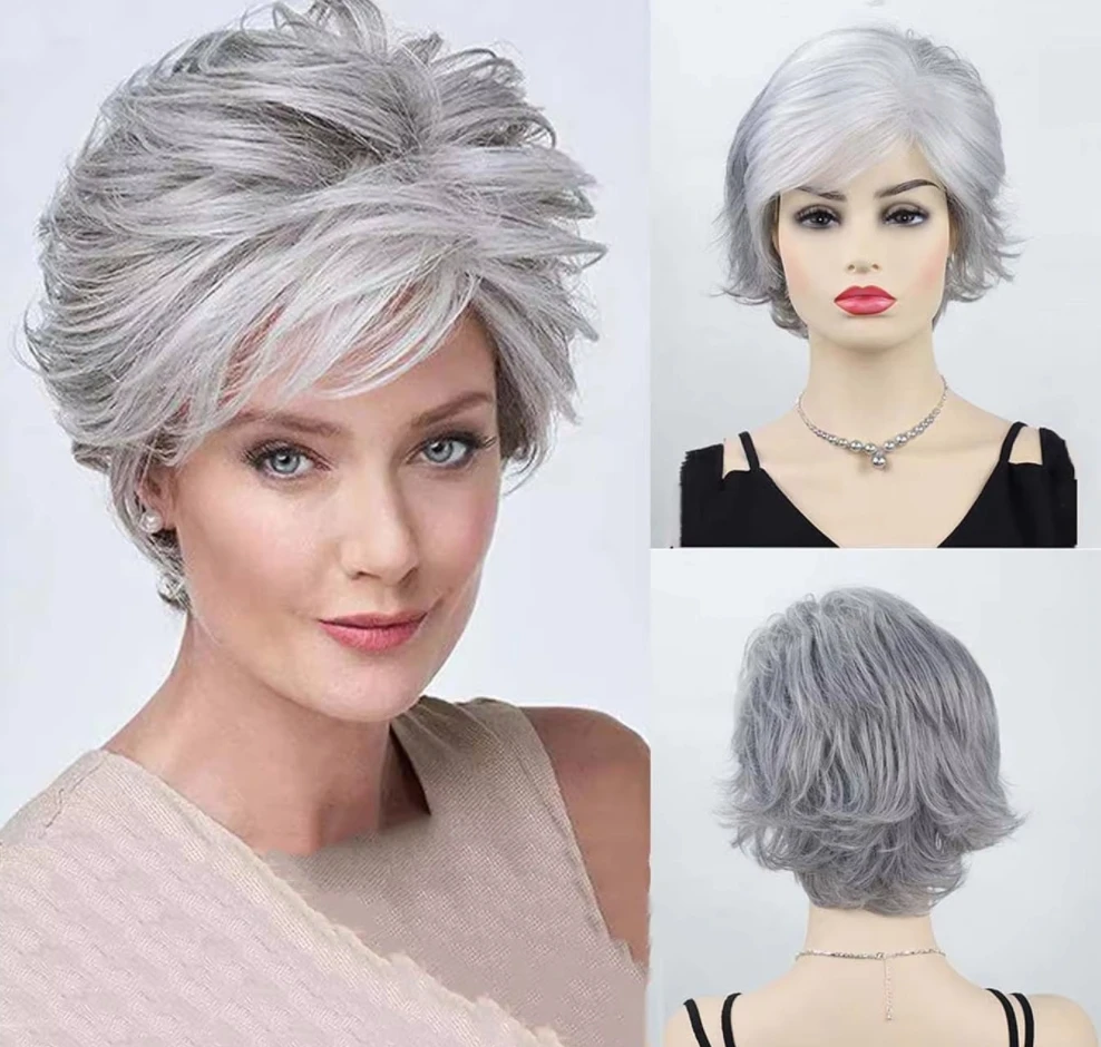 Short Gradient Grey Wigs with Bangs Soft Mommy Hair Daily Use Ombre Curly Synthetic Hair for Women Party Wig
Short Gradient Grey Wigs with Bangs Soft Mommy Hair Daily Use Ombre Curly Synthetic Hair for Women Party Wig