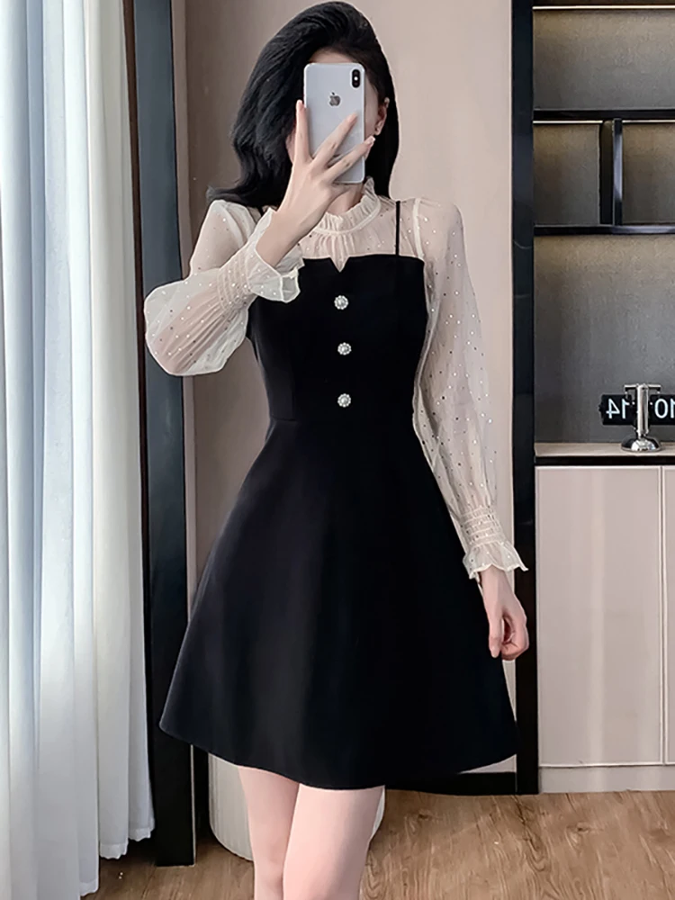 Осеннее черное лоскутное сетчатое мини-платье с блестками, женское шикарное платье с длинным рукавом и воротником-стойкой, 2025 г., корейское облегающее вечернее платье
Осеннее черное лоскутное сетчатое мини-платье с блестками, женское шикарное платье с длинным рукавом и воротником-стойкой, 2025 г., корейское облегающее вечернее платье
