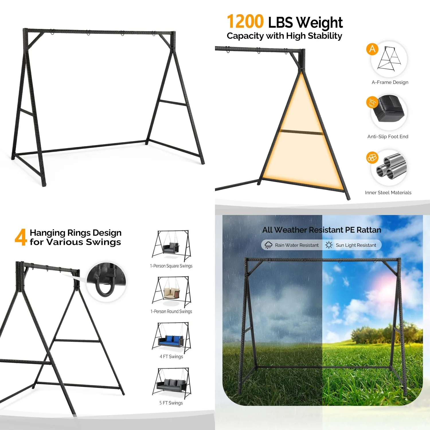 7 FT Rattan Porch Swing Stand, Patio Swing Frame Support 1200 LBS for Outdoors, Yard, Garden, Black, Customized
7 FT Rattan Porch Swing Stand, Patio Swing Frame Support 1200 LBS for Outdoors, Yard, Garden, Black, Customized