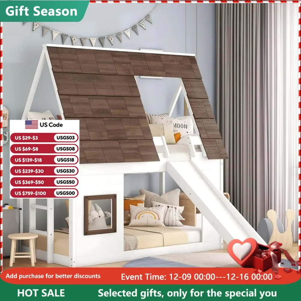 Twin Over Twin House Bunk Bed with Roof and Window Wood Low Bunk Bed with Slide and Built-in Ladder Kids Bunk Bed Frame
Twin Over Twin House Bunk Bed with Roof and Window Wood Low Bunk Bed with Slide and Built-in Ladder Kids Bunk Bed Frame