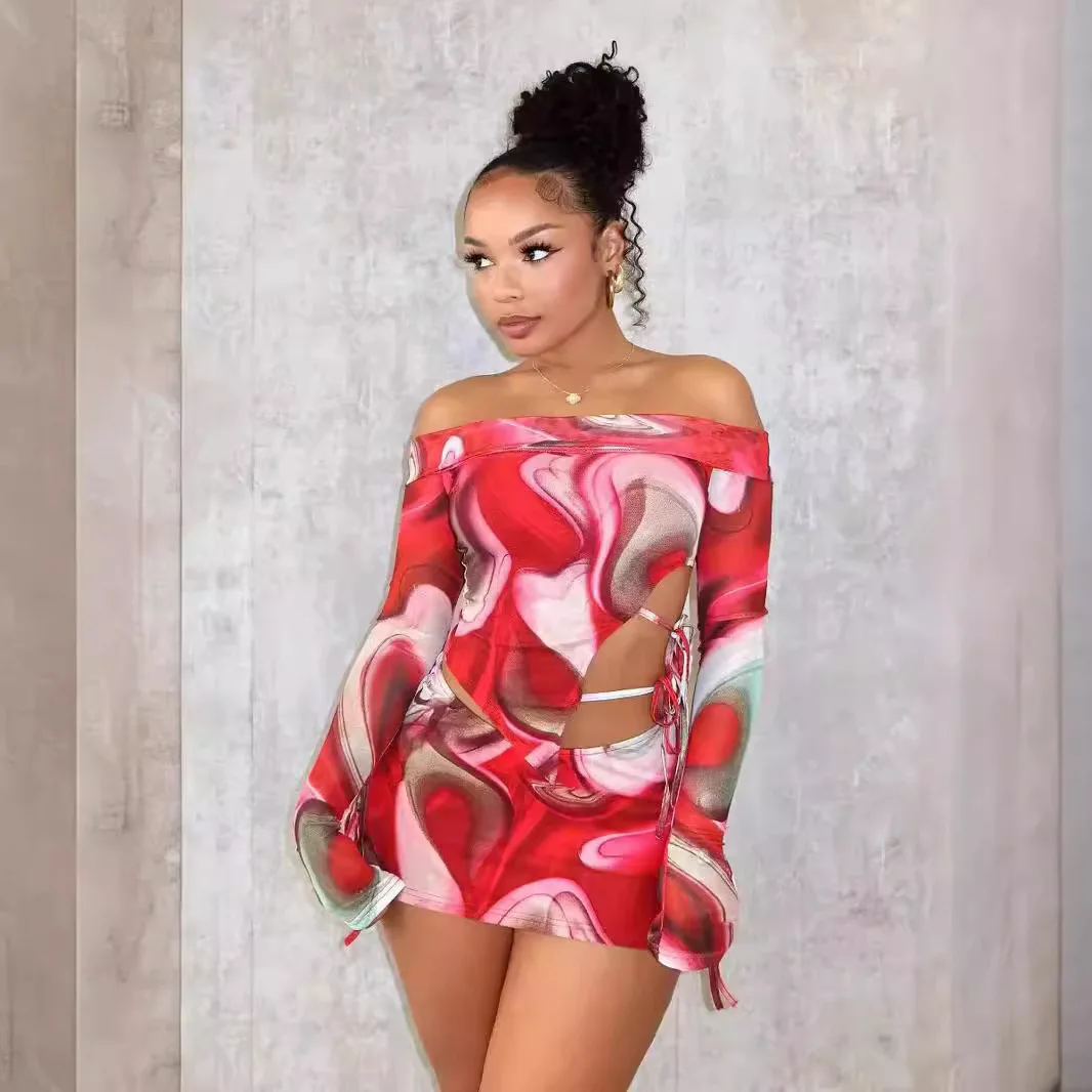 Spring Summer Fashion Printed Personality Two-piece Set, Women's Casual Slit Lace-up One Line Shoulder Short Top + Half Skirt
Spring Summer Fashion Printed Personality Two-piece Set, Women's Casual Slit Lace-up One Line Shoulder Short Top + Half Skirt