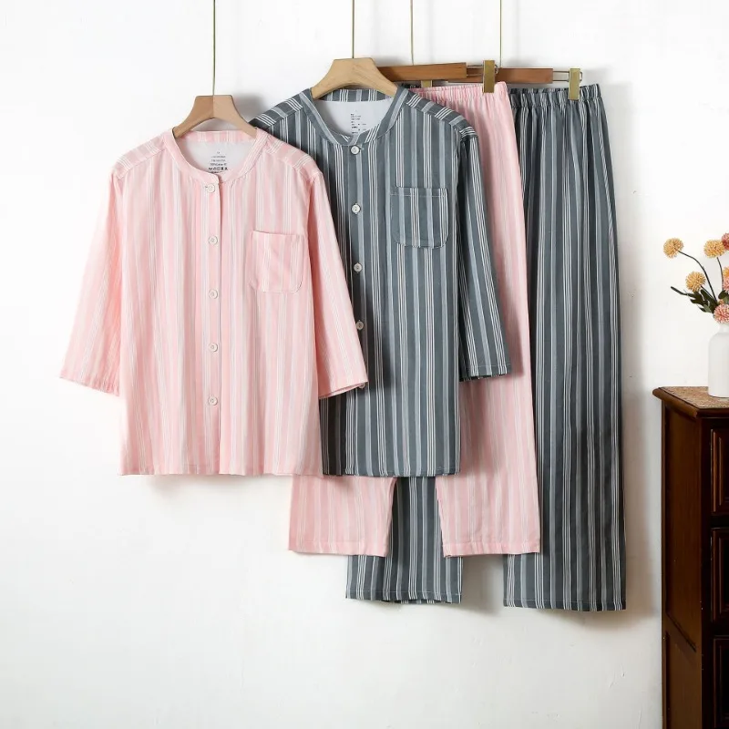 Simple Pure Cotton Couple Pajamas Double-layer Yarn Men's and Women's Thin Striped Ankle-Length Pants Loungewear Set Autumn
Simple Pure Cotton Couple Pajamas Double-layer Yarn Men's and Women's Thin Striped Ankle-Length Pants Loungewear Set Autumn
