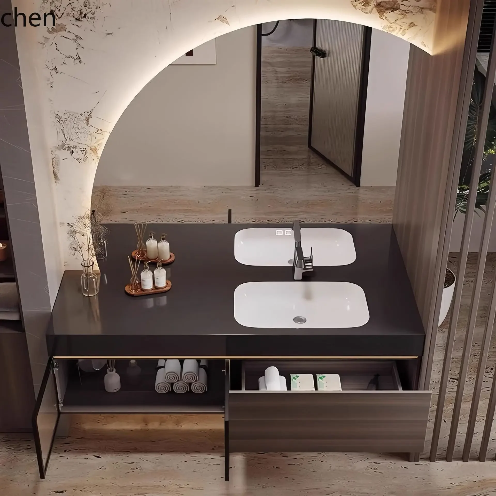 HYS Italian Minimalist Solid Wood Smart Bathroom Cabinet Set with Rock Slab Ceramic Seamless Integrated Basin for Washroom Sink
HYS Italian Minimalist Solid Wood Smart Bathroom Cabinet Set with Rock Slab Ceramic Seamless Integrated Basin for Washroom Sink