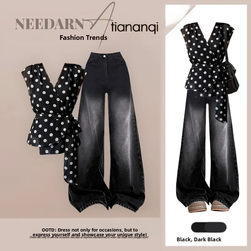 Summer Fashion Korean Style Polka Dot Top And High Waist Jeans Two Piece Set for Women Elegant Youthful plus Size Options
Summer Fashion Korean Style Polka Dot Top And High Waist Jeans Two Piece Set for Women Elegant Youthful plus Size Options