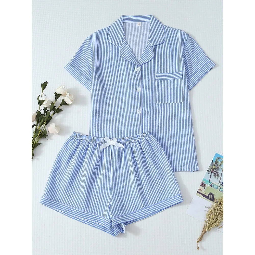 2pcs Women Cute Sweet Blue & White Striped Print Pajama Set, Lapel Button Short Sleeve Top And Bow Shorts, Summer Sleepwear & Loungewear
2pcs Women Cute Sweet Blue & White Striped Print Pajama Set, Lapel Button Short Sleeve Top And Bow Shorts, Summer Sleepwear & Loungewear