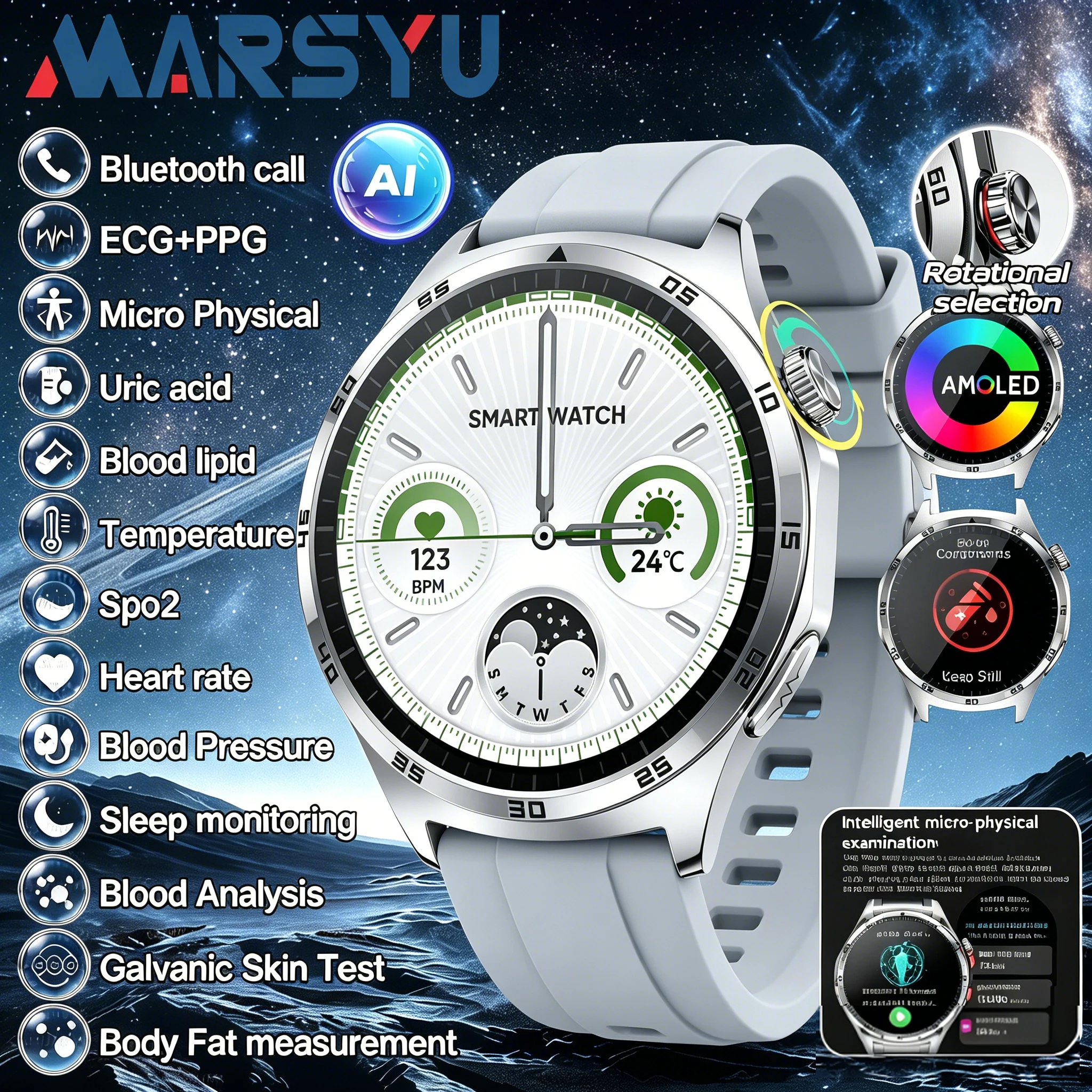 Умные часы Marsyu ECG+PPG для диагностики здоровья, с сапфировым стеклом, для мужчин и женщин, с функцией измерения уровня мочевой кислоты, липидов, артериального давления, частоты сердечных сокращений, спортивные умные часы.
Умные часы Marsyu ECG+PPG для диагностики здоровья, с сапфировым стеклом, для мужчин и женщин, с функцией измерения уровня мочевой кислоты, липидов, артериального давления, частоты сердечных сокращений, спортивные умные часы.