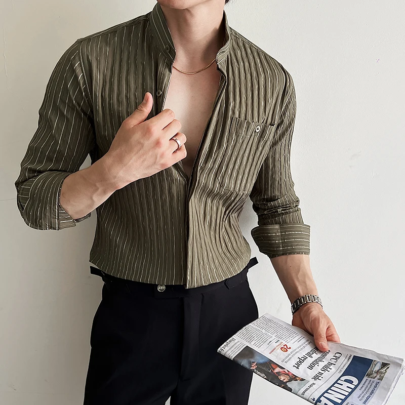 British Style Stand Up Collar Striped Men's Shirt Long Sleeve Casual Business Dress Shirts Versatile Social Office Elegant Shirt
British Style Stand Up Collar Striped Men's Shirt Long Sleeve Casual Business Dress Shirts Versatile Social Office Elegant Shirt