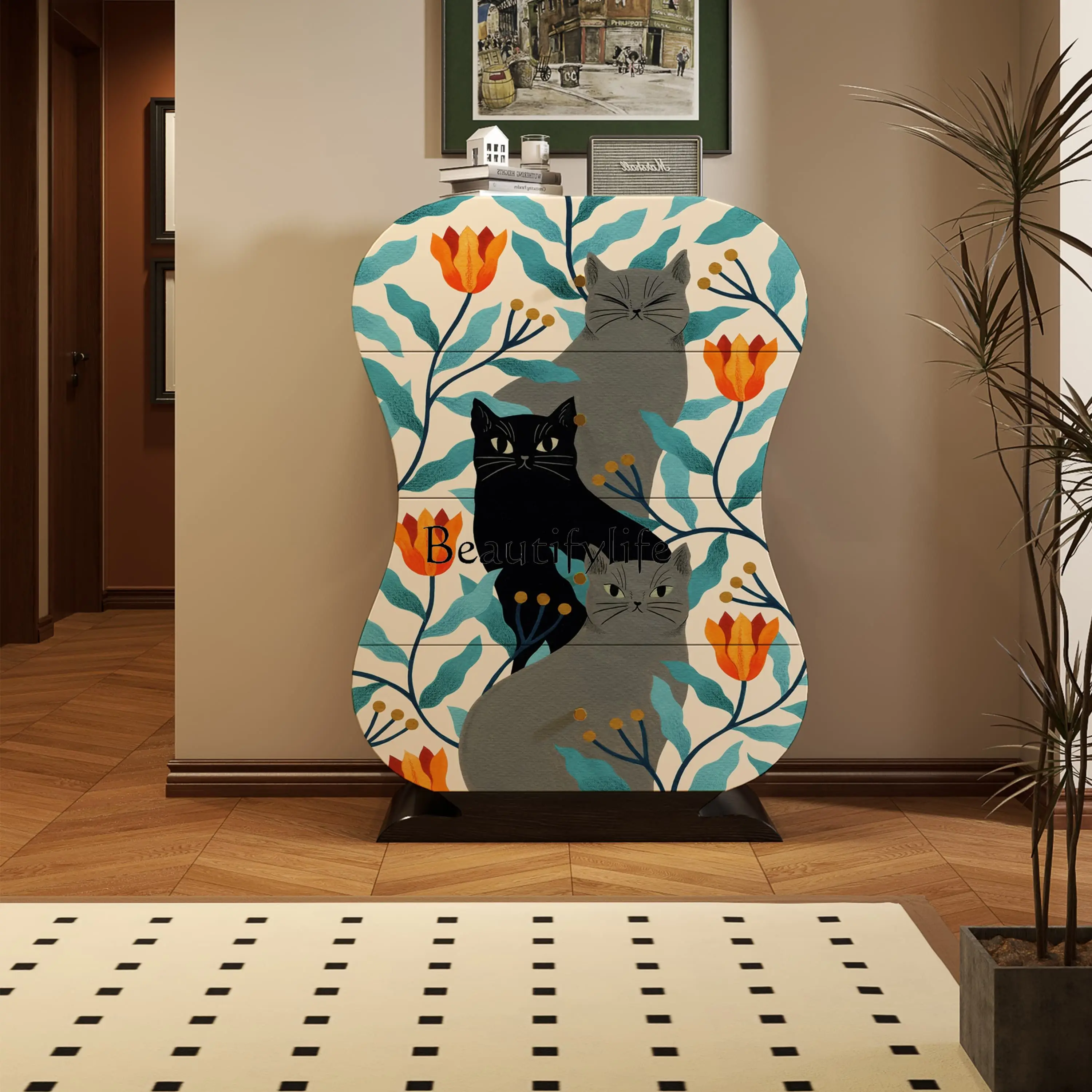 French painted solid wood four-chest cabinet, living room, homestay, integrated storage locker against the wall
French painted solid wood four-chest cabinet, living room, homestay, integrated storage locker against the wall