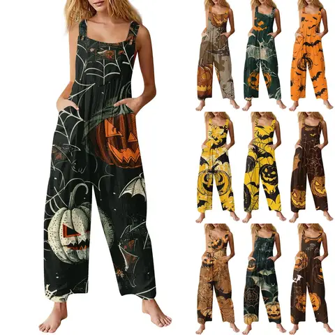 Womens Casual Overalls Jumpsuits Adjustable Straps Sleeveless Cute Halloween Prints Comfy Rompers Overall Women