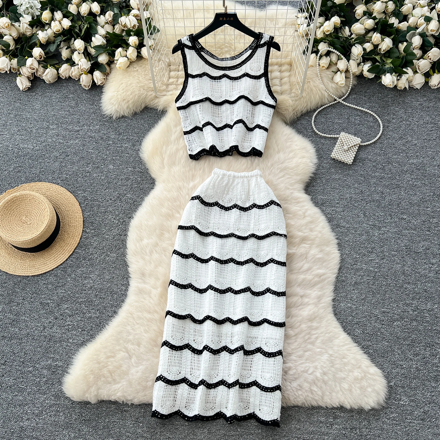 Women Chic Hook flower hollow striped French Fashion Knitted Vestidos Summer Autumn Elastic Slim Pencil Sundress Two Piece Set
Women Chic Hook flower hollow striped French Fashion Knitted Vestidos Summer Autumn Elastic Slim Pencil Sundress Two Piece Set