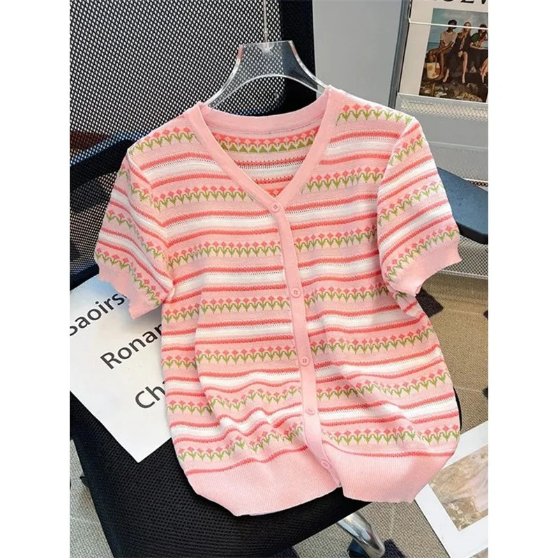 2026 NEW Women's Tshirt Good-looking Pink Stripes T-shirt Thin Ice Silk Knitted Sweater Spring Summer Autumn Loose Pullover Top
2026 NEW Women's Tshirt Good-looking Pink Stripes T-shirt Thin Ice Silk Knitted Sweater Spring Summer Autumn Loose Pullover Top
