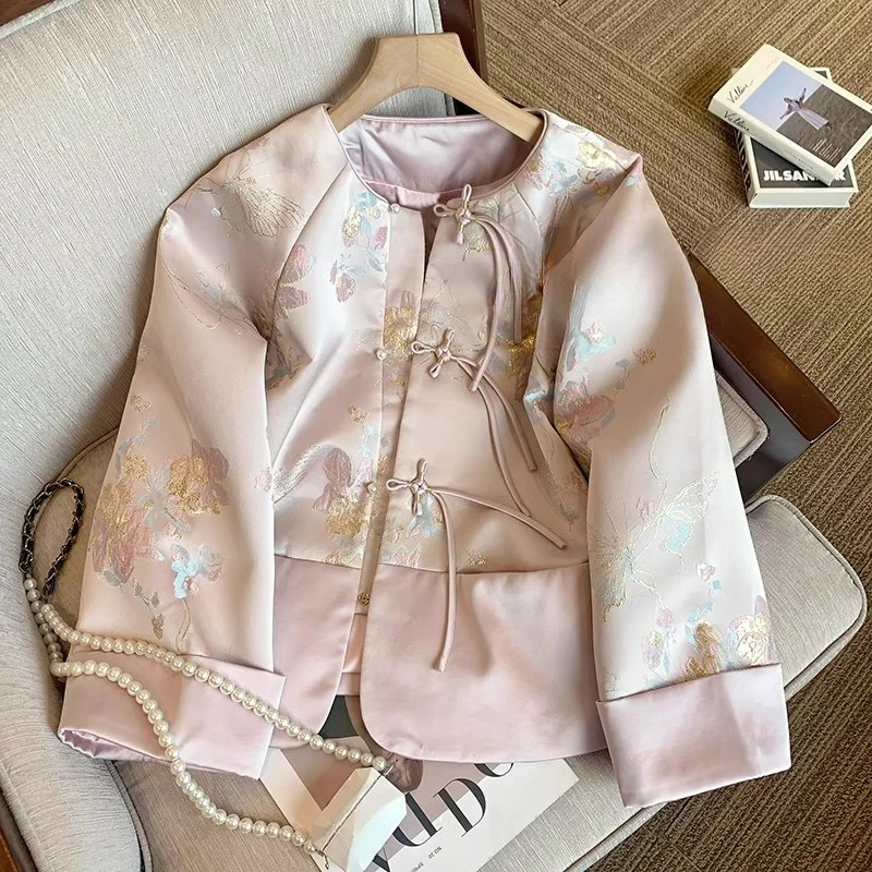 New Chinese-style Pink Round-neck Gold-embossed Printed Button-up Short Coat for Women New Spring 25 Traditional Style Thin Top
New Chinese-style Pink Round-neck Gold-embossed Printed Button-up Short Coat for Women New Spring 25 Traditional Style Thin Top