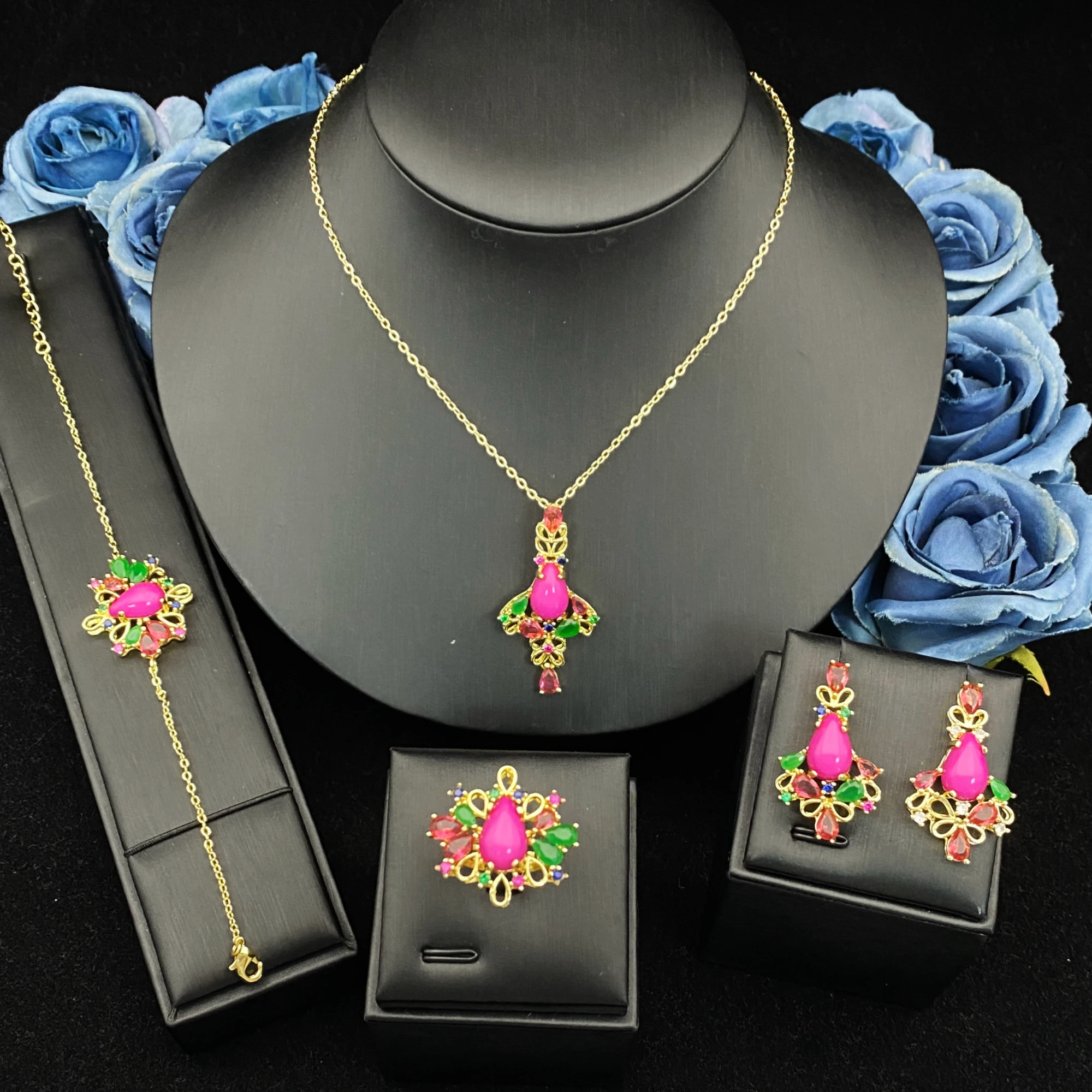 JRH Trendy Gold Plated Copper Jewelry Set for Women Birthday Gift Idea Luxury Cubic Zirconia Necklace Earrings Bracelet Ring
JRH Trendy Gold Plated Copper Jewelry Set for Women Birthday Gift Idea Luxury Cubic Zirconia Necklace Earrings Bracelet Ring