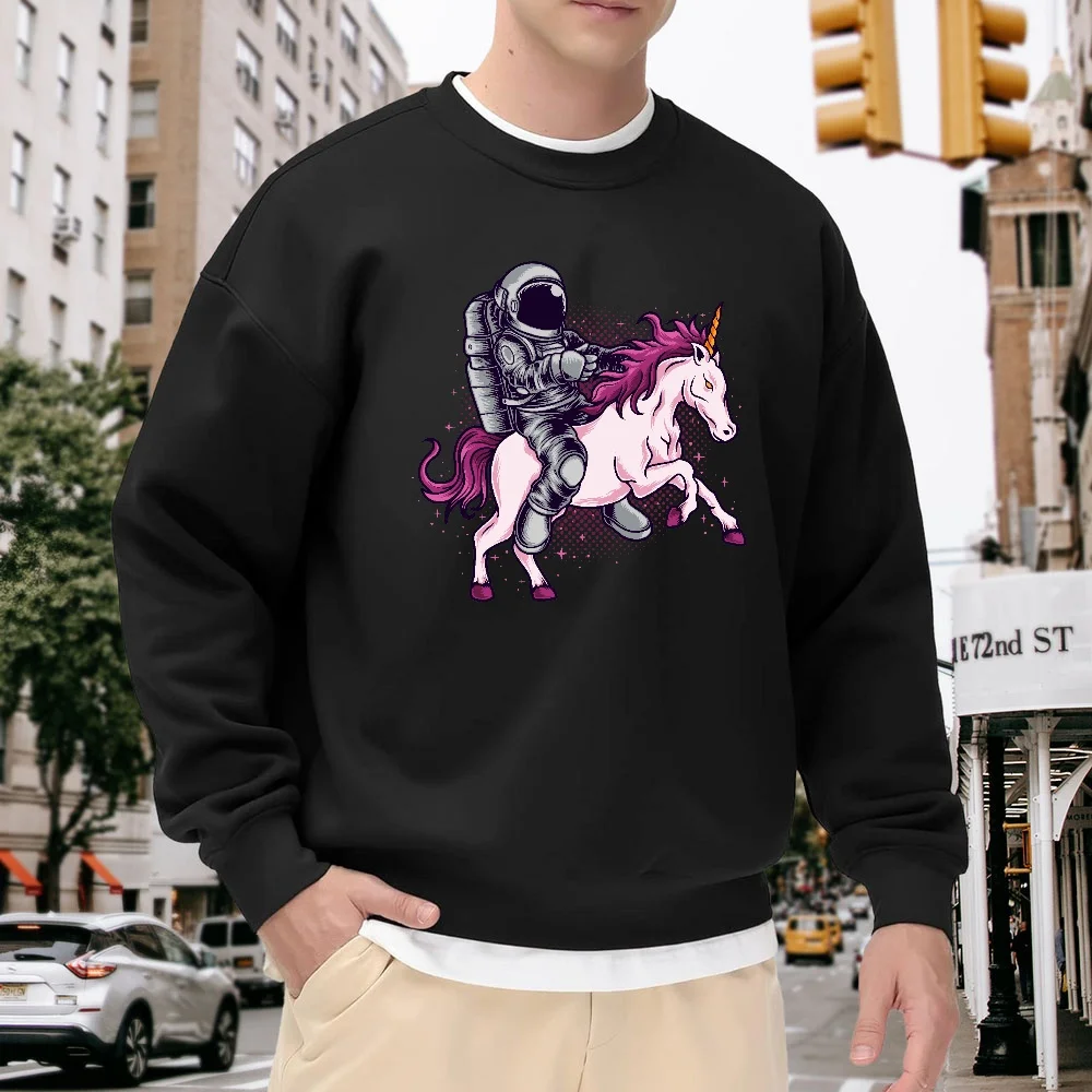 Men's Black Crewneck Sweatshirt with Astronaut Unicorn Print, Loose Fit Top, Street Fashion Casual Style, Comfortable and Versatile for Everyday Wear
Men's Black Crewneck Sweatshirt with Astronaut Unicorn Print, Loose Fit Top, Street Fashion Casual Style, Comfortable and Versatile for Everyday Wear