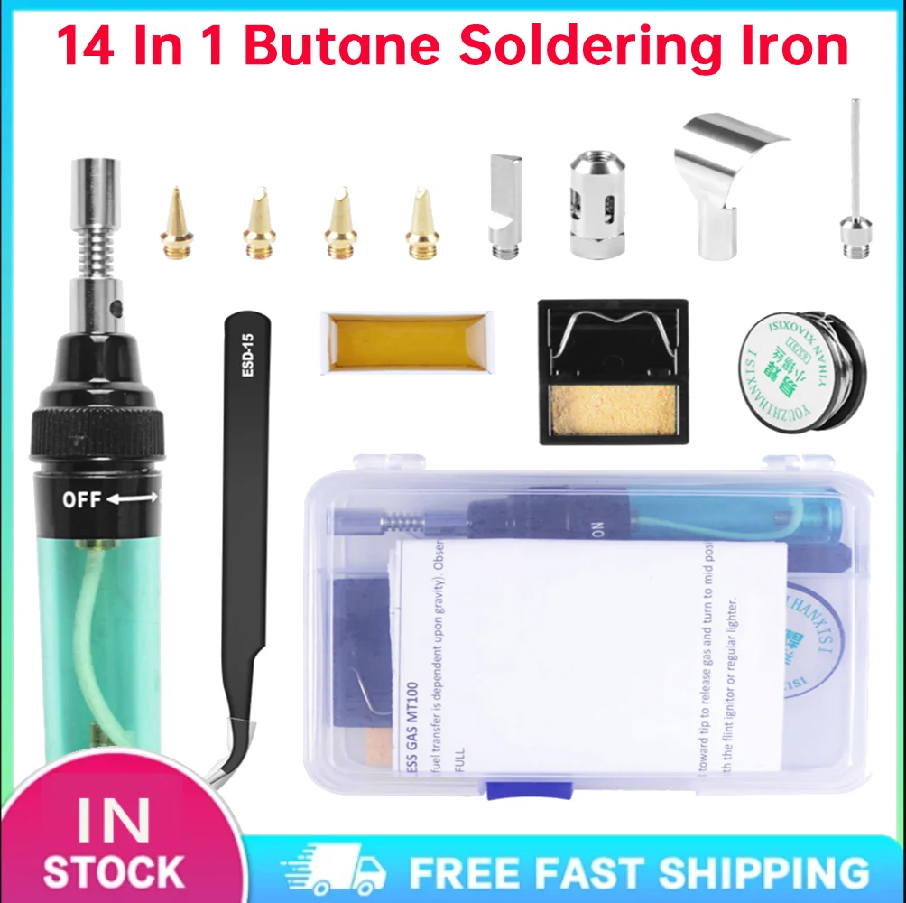 MT-100 14 in 1 Cordless Butane Soldering Iron Kit Adjustable Flame for Automotive Electronics Home DIY Computer Repair Tools
MT-100 14 in 1 Cordless Butane Soldering Iron Kit Adjustable Flame for Automotive Electronics Home DIY Computer Repair Tools