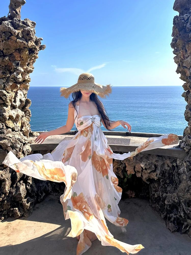 Beach Island Backless French Style Printed Dress Women's Loose Fit A-Line Skirt Midi Dress V-Neckline Sleeveless Summer 2025
Beach Island Backless French Style Printed Dress Women's Loose Fit A-Line Skirt Midi Dress V-Neckline Sleeveless Summer 2025
