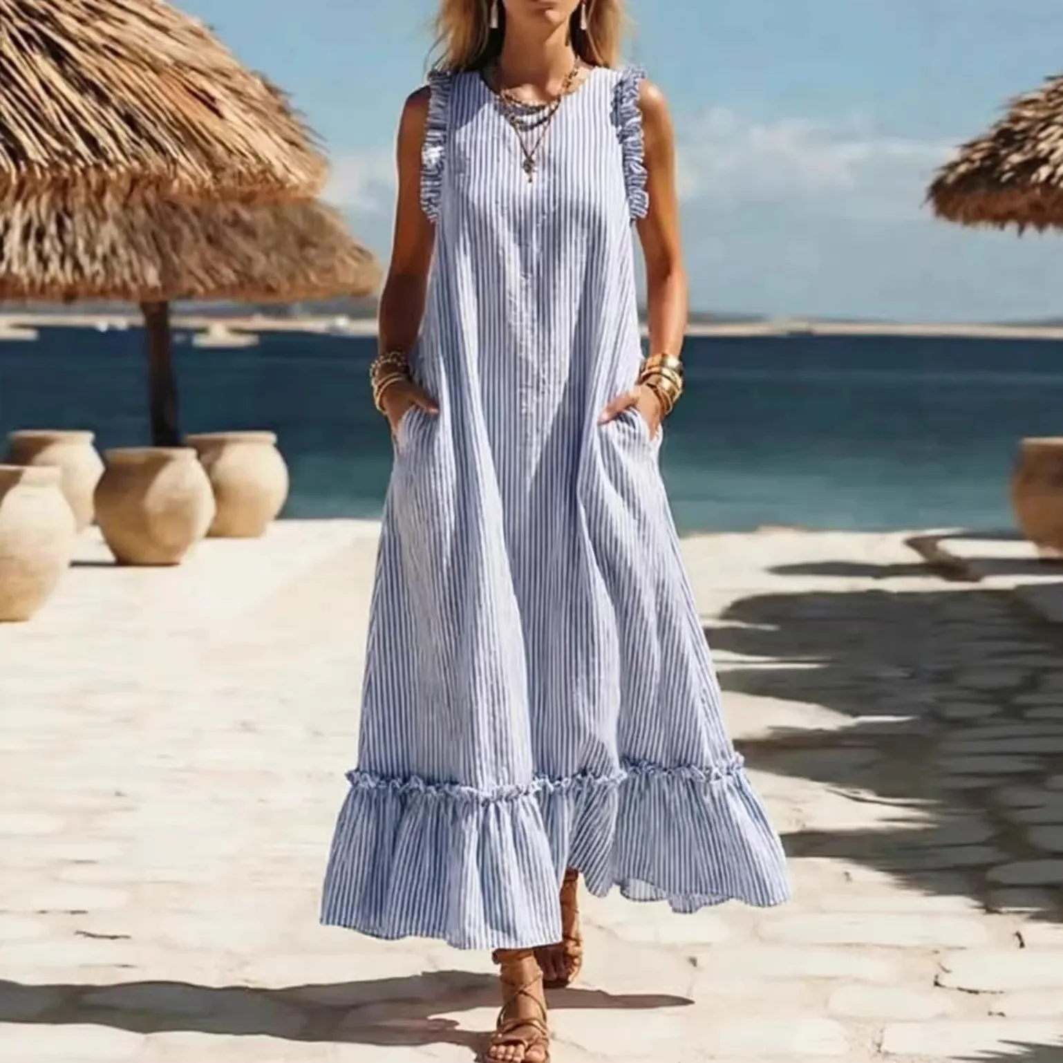 Round Neck Lace Sleeveless Vest With Striped Patchwork Pockets Long A-line Loose Dress Womens Summer Beach Breathable Vest Skirt
Round Neck Lace Sleeveless Vest With Striped Patchwork Pockets Long A-line Loose Dress Womens Summer Beach Breathable Vest Skirt
