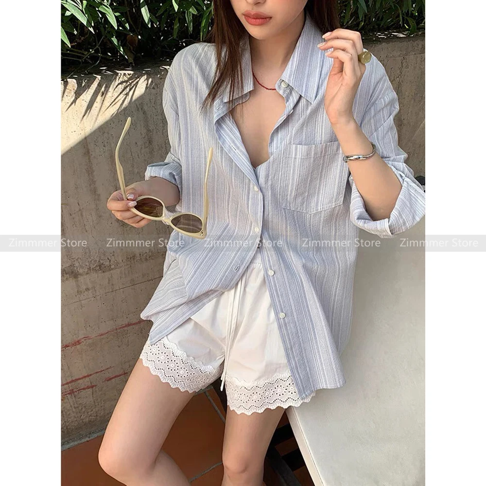 Women's 2024 early autumn new retro lapel blue striped long-sleeved loose casual shirt
Women's 2024 early autumn new retro lapel blue striped long-sleeved loose casual shirt