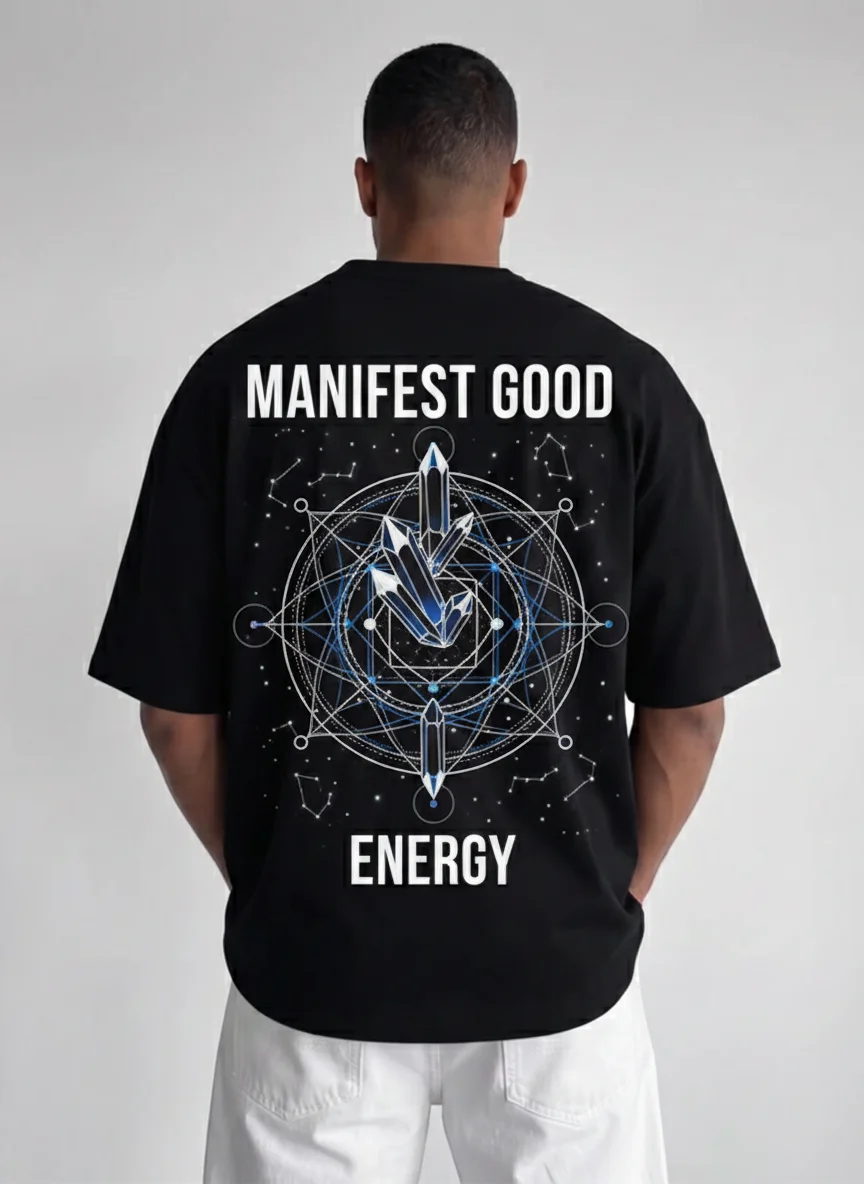 Black Graphic Tee with Manifest Good Energy Crystal Mandala Back Print Featuring Blue and White Geometric Crystals and Constellation Accents
Black Graphic Tee with Manifest Good Energy Crystal Mandala Back Print Featuring Blue and White Geometric Crystals and Constellation Accents