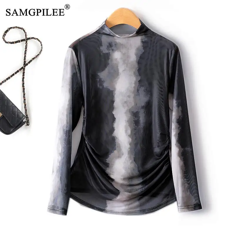 European Ink Painting Mesh Retro Bottoming T Shirt For Women Half Turtleneck Long Sleeves Side Pleated Slim Hollow Lace Blouse
European Ink Painting Mesh Retro Bottoming T Shirt For Women Half Turtleneck Long Sleeves Side Pleated Slim Hollow Lace Blouse