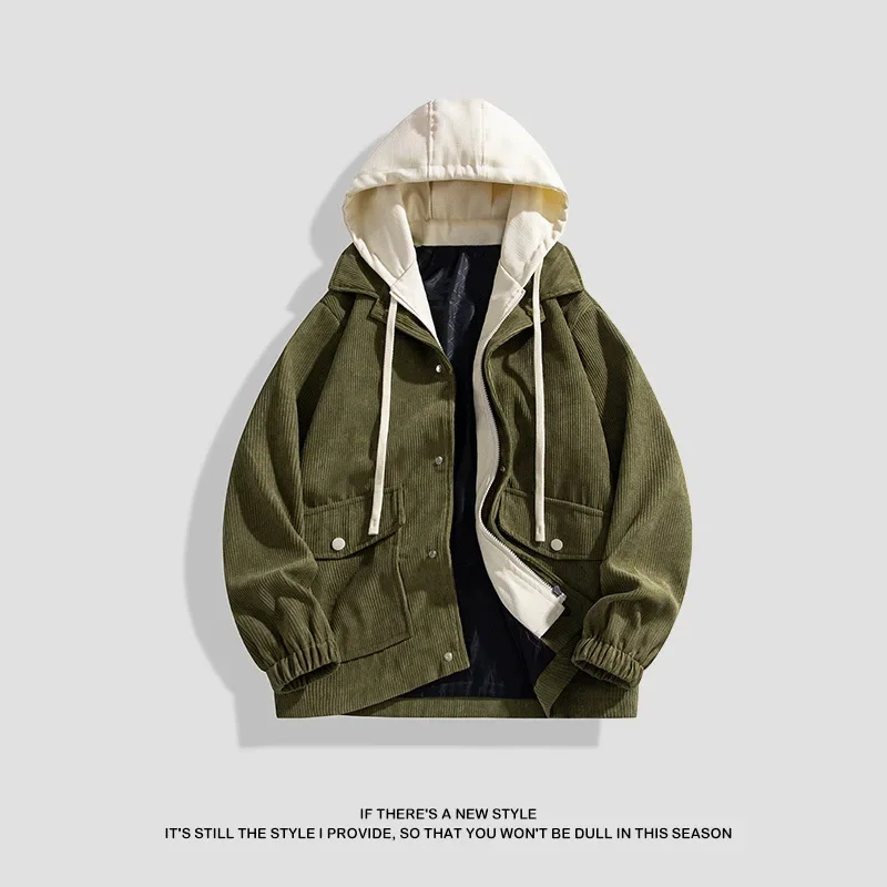 2025 Spring Autumn Men's Corduroy Jacket Hooded Fake 2PC Design Casual Baseball Jacket Solid Color Couple Coat Men Denim Jackets
2025 Spring Autumn Men's Corduroy Jacket Hooded Fake 2PC Design Casual Baseball Jacket Solid Color Couple Coat Men Denim Jackets