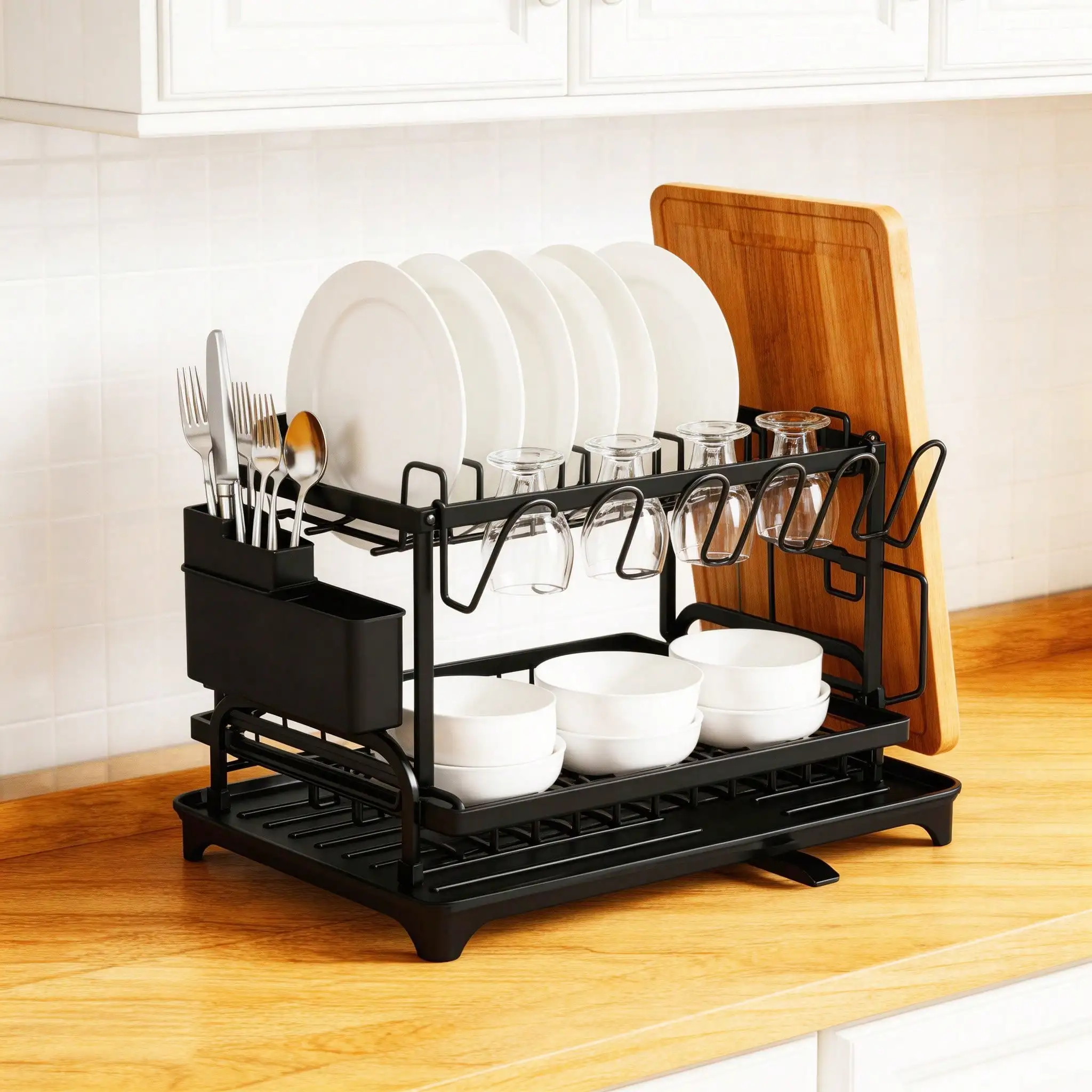 2-Tier Carbon Steel Dish Drying Rack with Drain Tray and Cup Holder, Space-Saving Black Countertop Multifunctional Kitchen Organizer
2-Tier Carbon Steel Dish Drying Rack with Drain Tray and Cup Holder, Space-Saving Black Countertop Multifunctional Kitchen Organizer